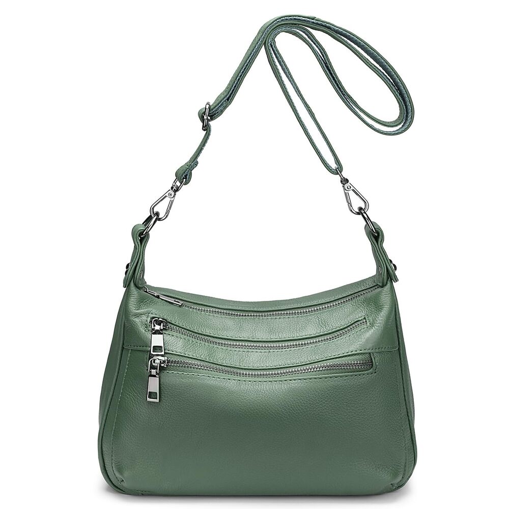 9871 Real Leather Shoulder Bag Medium Size Handbag Purse with Multiple Zip